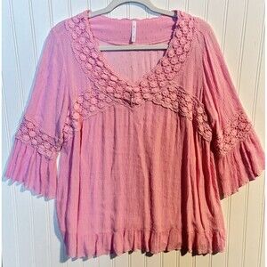 JW Pink Boho Peasant Blouse 3/4 Sleeves Textured Swiss Dot Crochet Neck Small